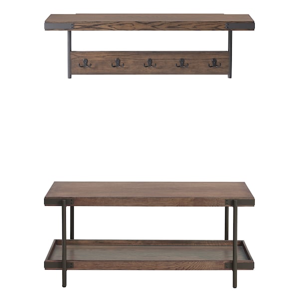 Alaterre Furniture Kyra 42"L Oak and Metal Coat Hook with Shelf and Bench Set ANKY0324RBG - main